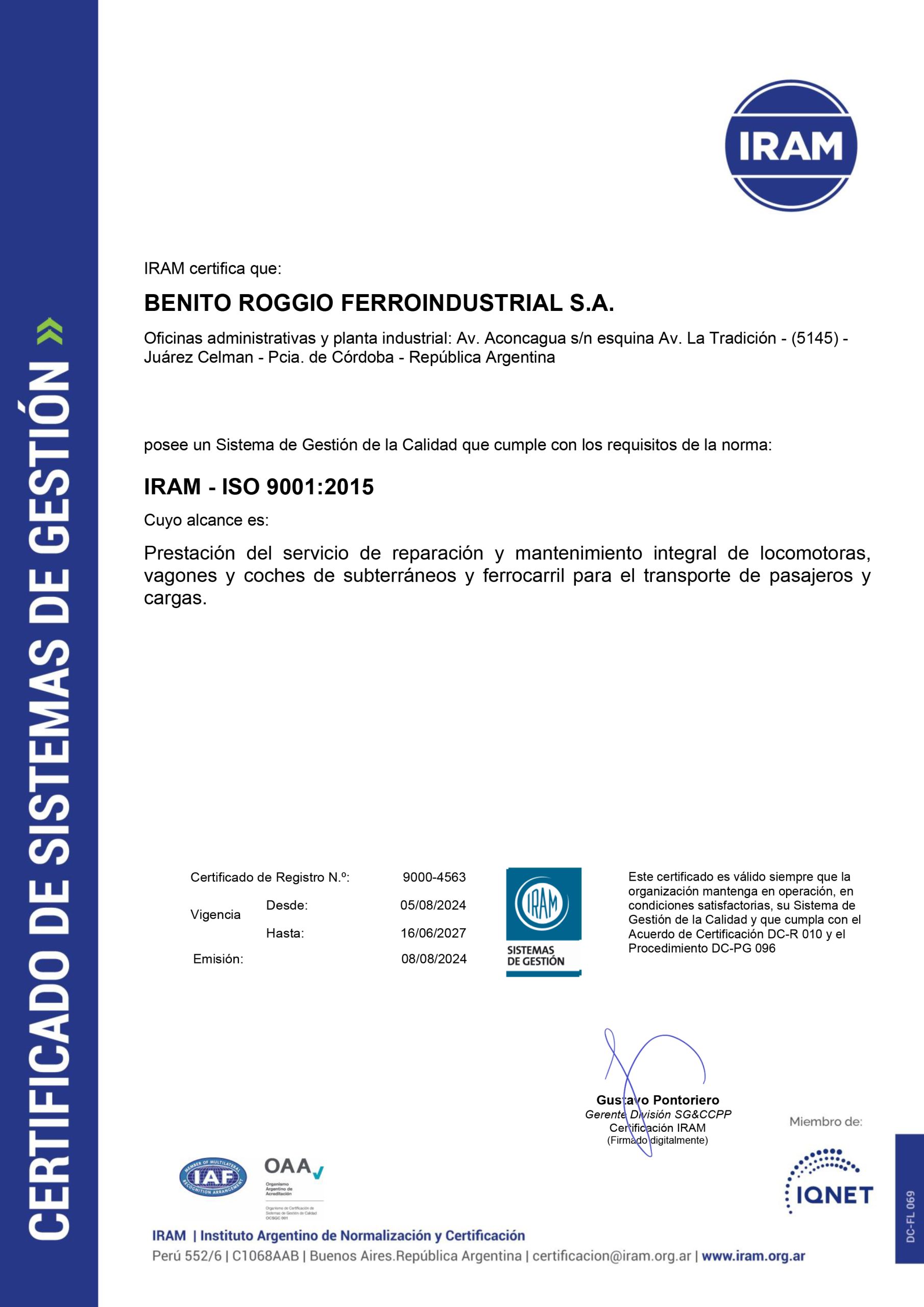 Certificado BENITO ROGGIO 9001 iram